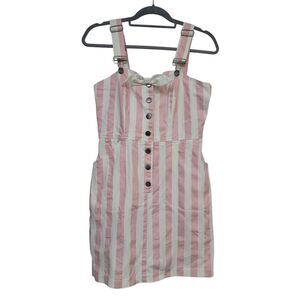 Unique Vintage Pink Striped Button-Front Pinafore Mini Dress Medium